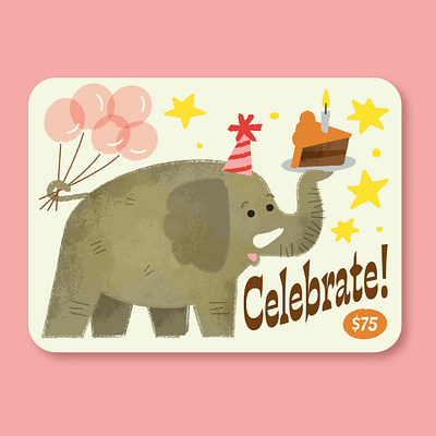 gift card concept animal balloons birthday birthday cake branding celebrate cute illustration elephant gift card gift card mockup packaging design product design retro zoo