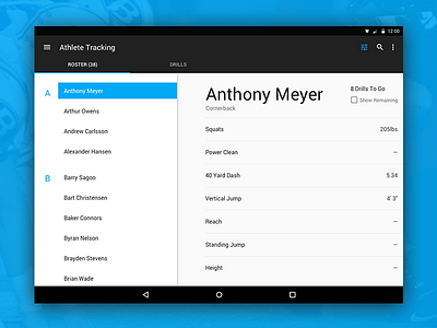Athlete Tracking — Roster Screen android android app android application android mobile android tablet design filter filtering mobile search tablet