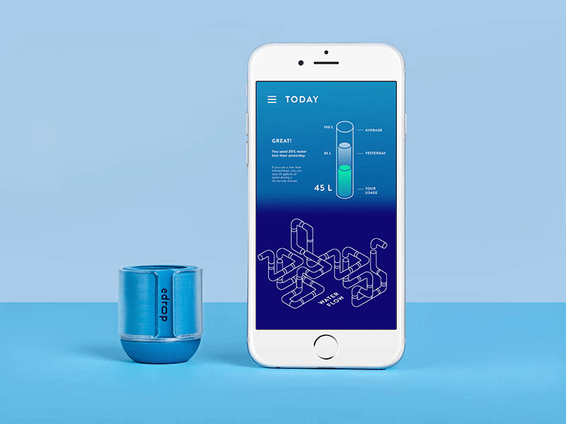 eDrop water flow app blue device flow id industrial design iot photo ui ux water