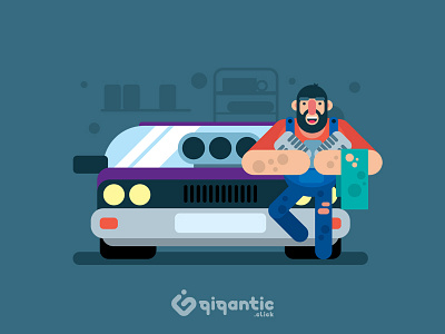 Driver Club car character design driver flat garage man person vector