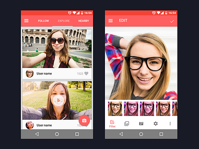 Video Sharing App design explore filter effects photo editing mobile appui selfie share social mediaphoto take picture art ux video