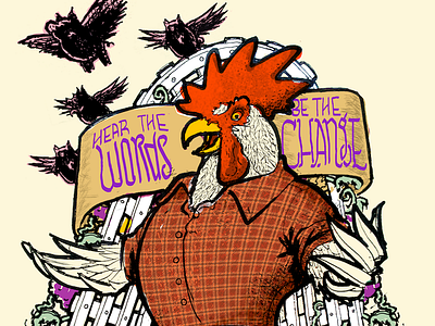 'Permaculture Voices' Rough Draft illustration permaculture rooster unfinished