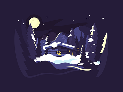 House in woods building christmas flat forest house illustration kit8 night snow vector woods