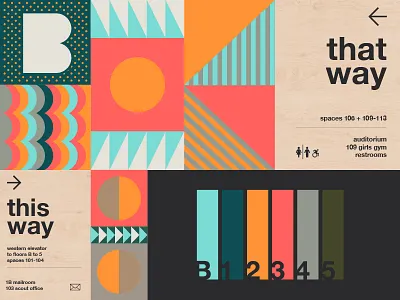 ↓ this way → that way ← ↑ geometric illustration mid century philadelphia signage wayfinding