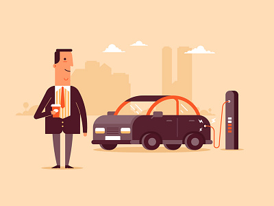 At E-station car character charging e station ecocar flat illustration power technology vector