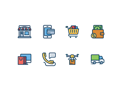 Shopping icons delivery drone icon mobile pay shop shopping support trolley truck wallet web