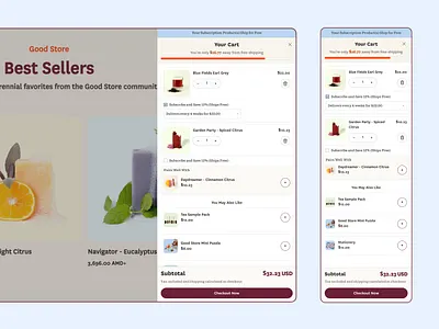 Good Store Cart Drawer Redesign: Smart and Seamless Upsells branding cart drawer design design agency ecommerce redesign shopify agency shopify development ui