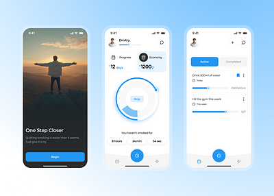 No smoking app design UI (timer, onboarding, tasks plan) app bar app design app ui design graphic design mobile no smoking onboarding task planner timer ui ui design ux