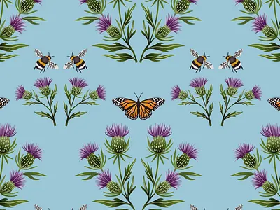 Thistle, Butterflies, and Bees seamless repeat pattern bees botanical butterfly floral illustration pattern pattern design procreate repeat pattern surface pattern