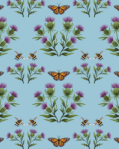 Thistle, Butterflies, and Bees seamless repeat pattern bees botanical butterfly floral illustration pattern pattern design procreate repeat pattern surface pattern