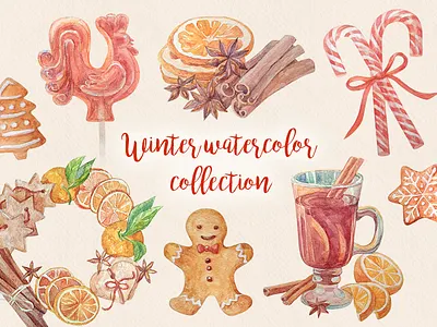 Winter watercolor collection candy christmas cinnamon cookies gingerbread illustration spices watercolor winter