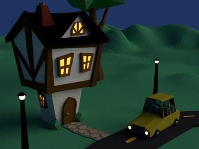Night 3d blender building car city house landscape low poly model night unity
