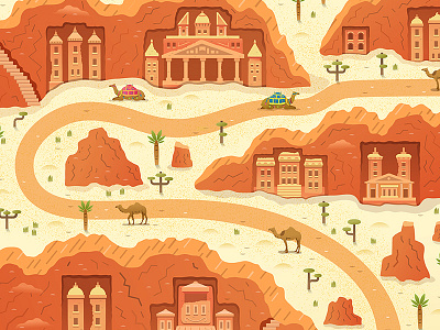 Rose City Jordan and Camels Vector Scene ancient ancient city camel city desert jordan monastery palm tree petra rock towers vector