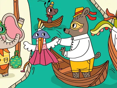 Try not to slip! bear bird bird illustration carnival gondola gondola illustration gondolier illustration kidlitart venice