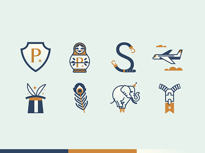 Paravel icons elephant feather icon magic matrioska paravel peacock plane shield travel vector zipper