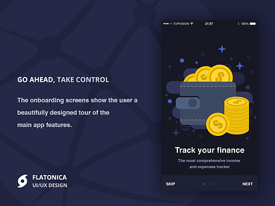 Neuron app. Welcome screens #3 app dark finance illustrations interface ios money onboarding ui ux walkthrough