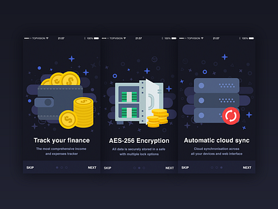 Onboarding screens for Neuron app app dark finance illustrations interface ios money onboarding ui ux walkthrough