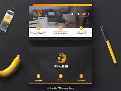 Orange corporate business card template (Free Download) banana business card design free card free template freebcard office orange pen