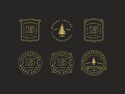 Another round - Fifteen Year Badges anniversary badges branding coffee line art logo mark seal simple tree woods coffee