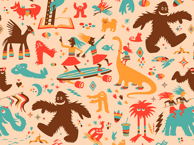 Yeti Adventure Pattern dinosaur monsters odd creatures pattern repeating pattern skateboarding surface design surface pattern surtex twins yeti