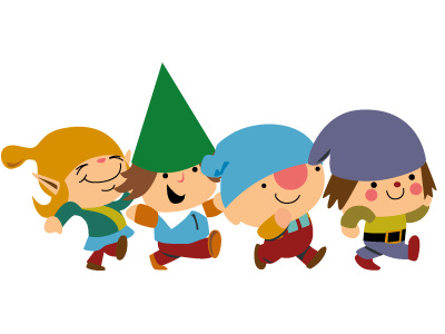 Bubblefriends Walking Dwarfs bubblefriends character children childrensillustration dwarf four friends illustration smile walking