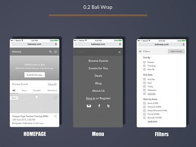 Bali Wrap - Homepage, Menu and Filters Screens best design designer events information architecture mobile portfolio travel user experience ux wireframes