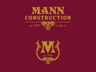 Mann Construction branding carpentry classic construction flourish gold initial logo maroon monogram victorian vintage