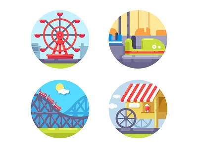 Amusement park icons amusement attraction carnival entertainment flat illustration kit8 park recreation vector