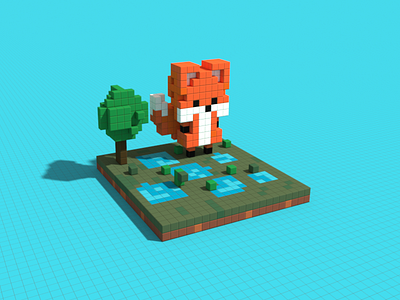 Rainy Day 3d cute fox illustration kawaii pixels voxels