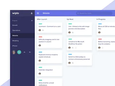 Kanban project card design kanban navigation project purple ui