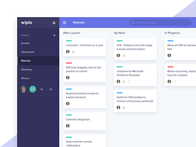Kanban project card design kanban navigation project purple ui