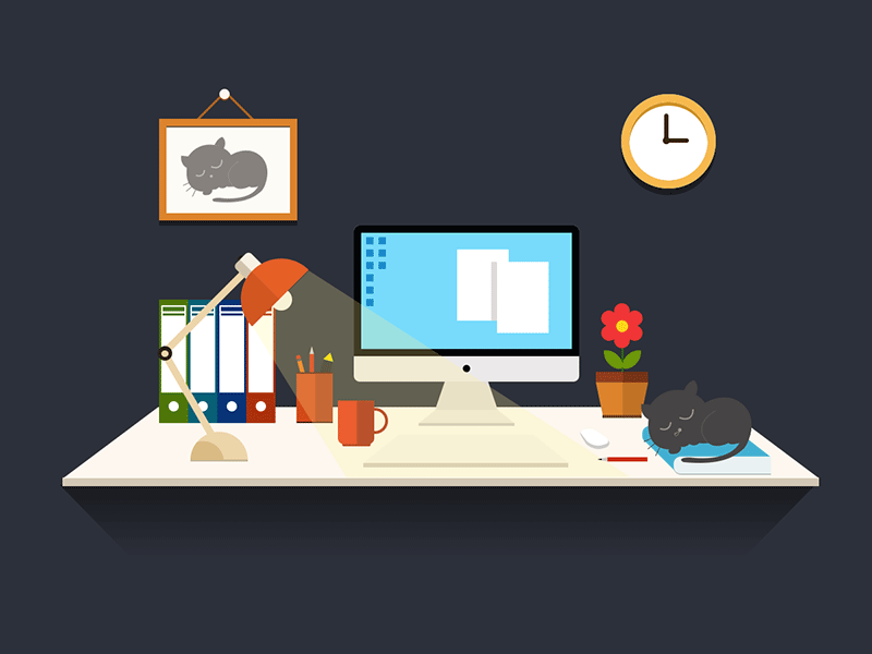 My desk, my life, my cat（黑米） flat gif illustration