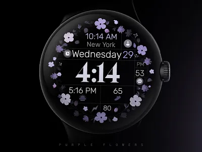 Purple Flowers – Elegant Floral Digital Watch Face for Wear OS black bloom design elegant fitness floral flowers graphic design illustration minimal purple samsung simple smartwatch technology ui ui ux watch watchface