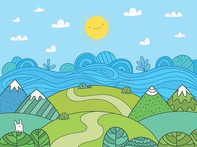 Funny landscape background bunny cartoon doodle illustration kids landscape mountains summer vector
