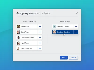 Assigning Users adding adjustment assigning cards dialog hover modal removing