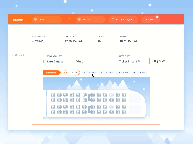 Dream Way blue booking flat gif motion pay red seat simple ticket travel web