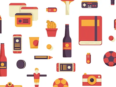 Miscellaneous objects for an on-boarding guide ball beer book camera colors mobile objects pattern