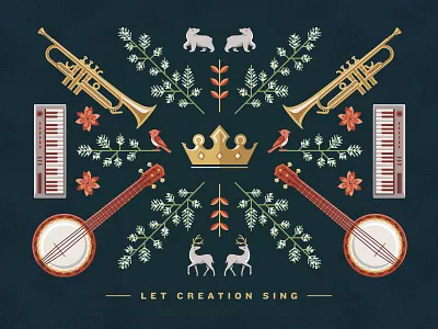Lessons & Carols banjo bear bird card christmas crown dear illustration instrument invitation keyboard trumpet