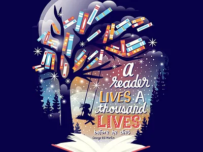 Thousand lives books lettering negative space reader reading stars swing tree typography