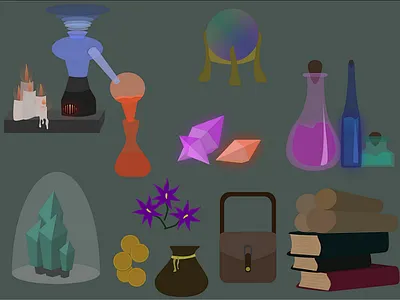 Alchemy Essentials alchemy books coins crystal ball crystals fantasy fiction flowers magic satchel vials