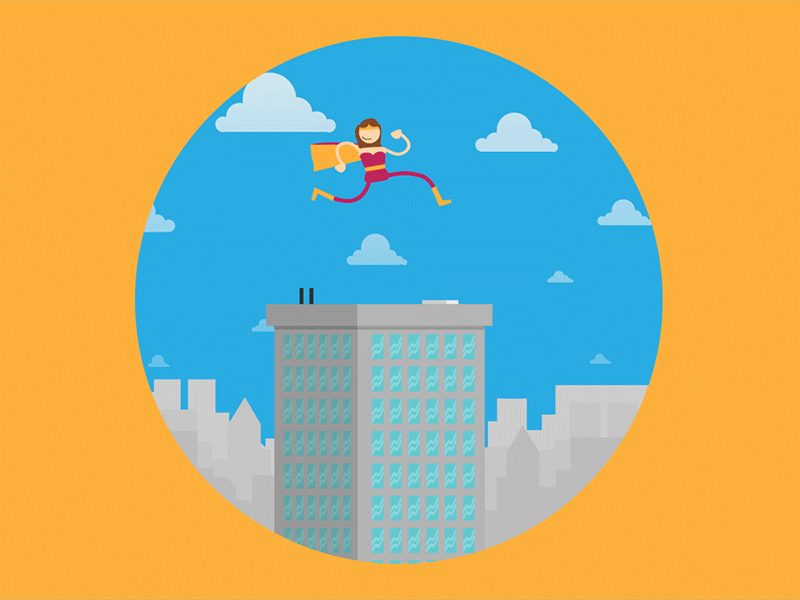 Jumping Tall Buildings Gif 2d animation animation building cameron clark city jump jump tall buildings keyframe mograph motion graphics super woman superhero