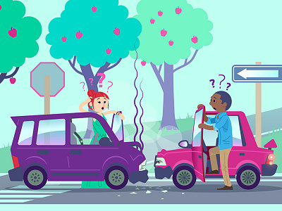 Fender Bender accident car cars cartoon crash illustration neon park smoke trees vector