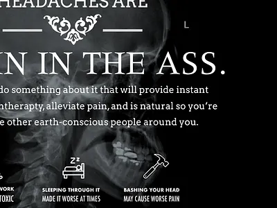Headache Solution black and white invention one page product promo promo sketch skull typography xray