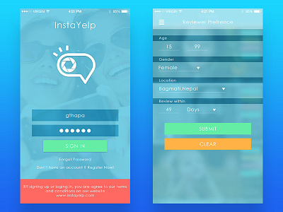 InstaYelp app colorful design instayelp ios photos review sign in sign up social upload
