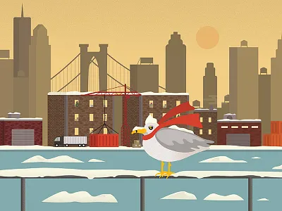 Christmas time bridge christmas city dock flat river scarf seagull skyline snow truck vector