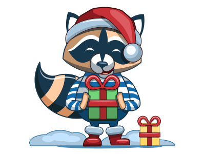 Rockoon. Animated sticker. Christmas mood! emoji gift holiday messenger new racoon smile snow ui ux winter year