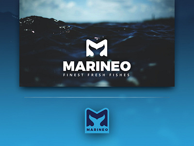 Marineo aquatic character m diving fin fish flipper letter m letterform logo m negative space swimmer