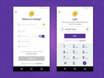 Register & Login adsapp android login onboarding purple register signin signup ui yellow