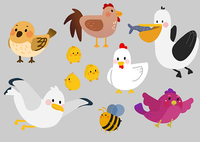 Birds, chicken and a bee animal art bee birds cartoon chicken childrensbook comission cute design drawing farm illustration poultry vector