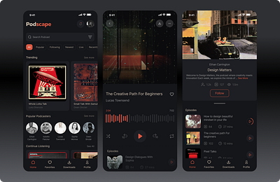 Podcast Application application autolayout branding creativity dark darkmode designs global innovation logo music perfectui podcast podcasts prototype ui userexperience ux